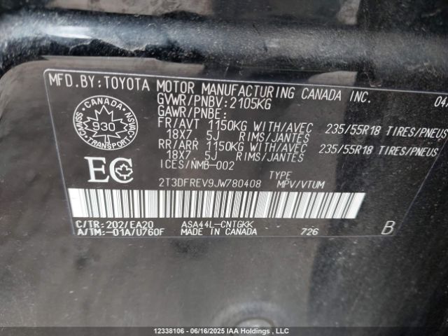 2T3DFREV9JW780408 Toyota 2ar-fe