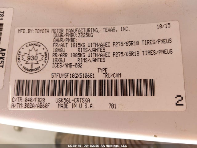 5TFUY5F10GX510681 Toyota 3ur-fe