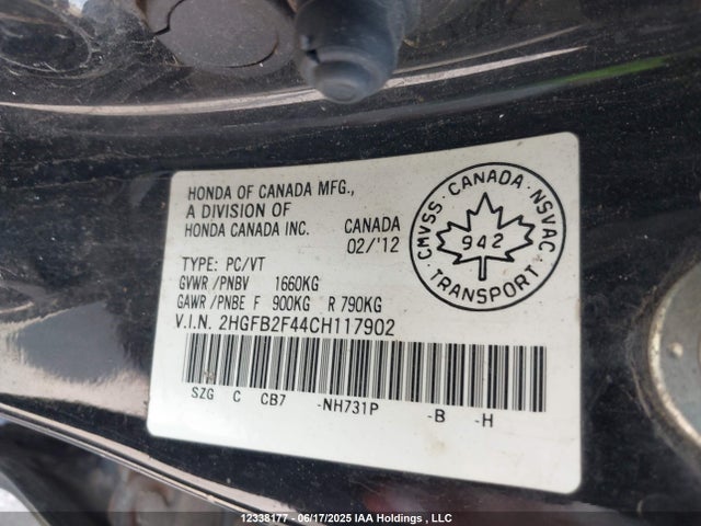 12338177 :رقم المزاد ، 2HGFB2F44CH117902 vin ، 2012 Honda Civic Lx مزاد بيع