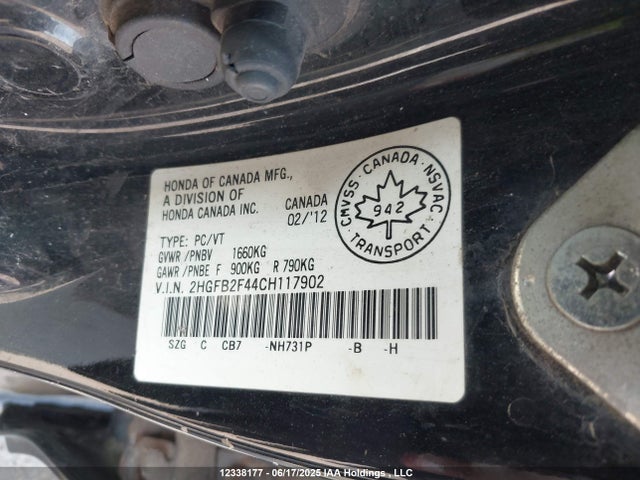 12338177 :رقم المزاد ، 2HGFB2F44CH117902 vin ، 2012 Honda Civic Lx مزاد بيع