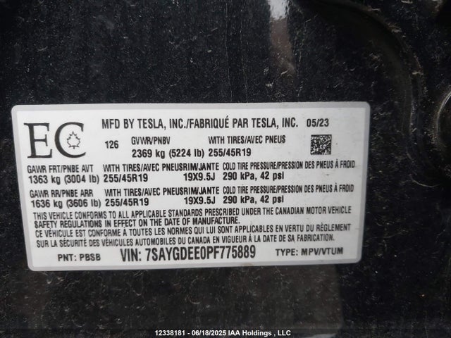Tesla Model Y 2023 7SAYGDEE0PF775889 Image 9