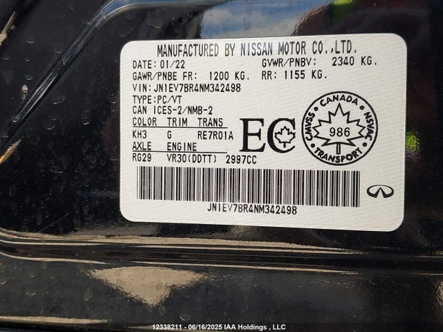 JN1EV7BR4NM342498 Infiniti 3.0l t