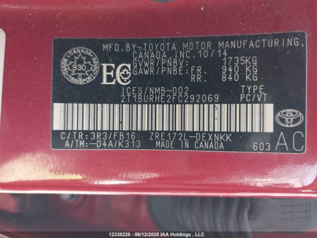 2T1BURHE2FC292069 Toyota 2zr-fe