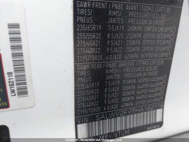 SALWV2FV7HA162118 Land Rover s/c lev3 sulev30