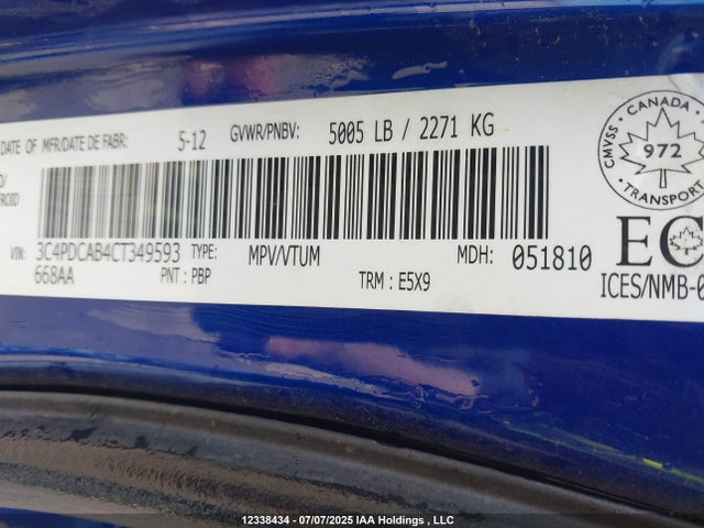 Aukcja sprzedaży 2012 Dodge Journey Cvp/se Plus, vin: 3C4PDCAB4CT349593, numer aukcji: 12338434
