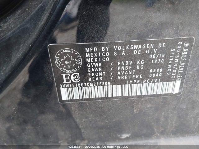 3VWE57BU7KM218806 Volkswagen 1.8 tsi