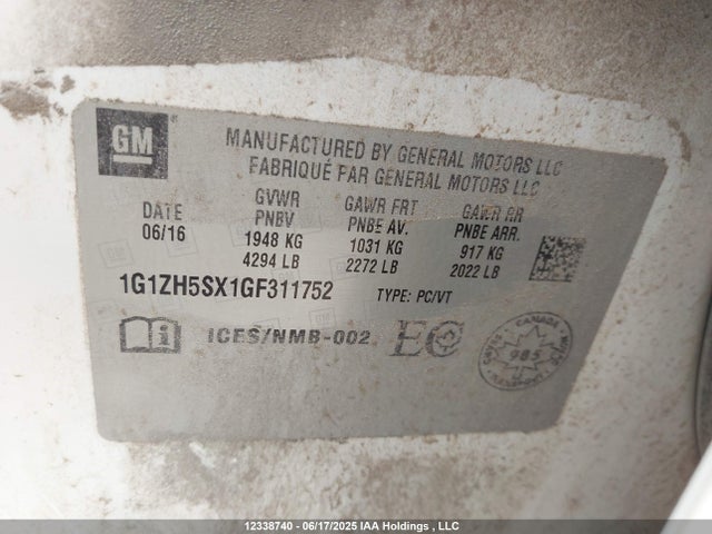 1G1ZH5SX1GF311752 Chevrolet ltg - sidi, alum dohc, vvt, dcvcp turbo, e0-e100, alum