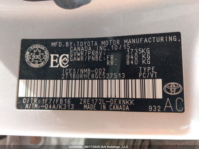 2T1BURHE8GC527513 Toyota 2zr-fe