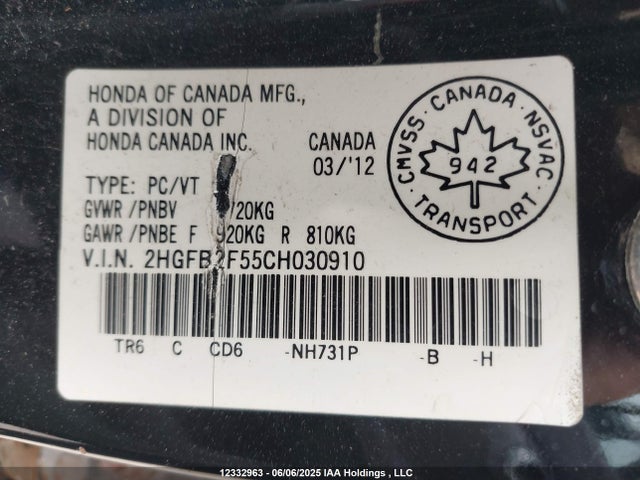 Продаж на аукціоні авто 2012 Honda Civic Ex 4dr, vin: 2HGFB2F55CH030910, номер лоту: 12332963