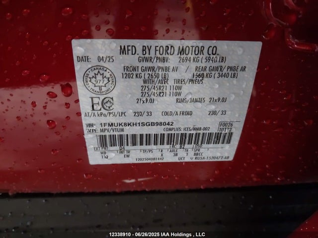 1FMUK8KH1SGB98042 Ford tivct
