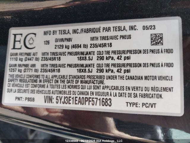 5YJ3E1EA0PF571683 Tesla MODEL 3