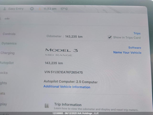 5YJ3E1EA7KF265475 Tesla MODEL 3