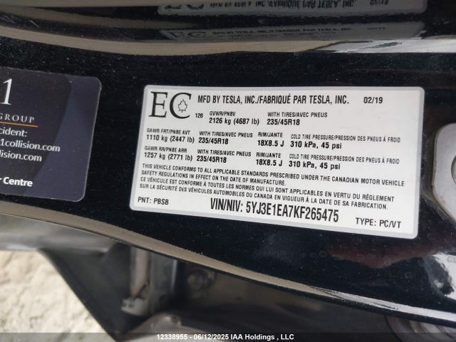 5YJ3E1EA7KF265475 Tesla MODEL 3