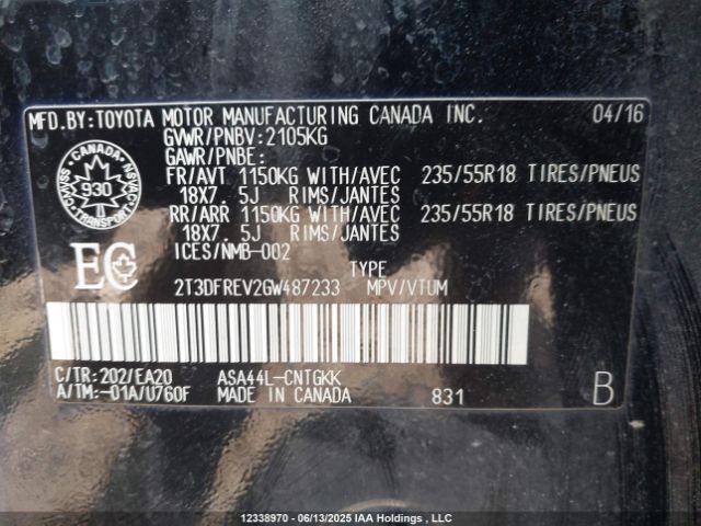 2T3DFREV2GW487233 Toyota 2ar-fe