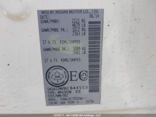 5N1AT2MV9EC844553 Nissan Rogue S/sl/sv