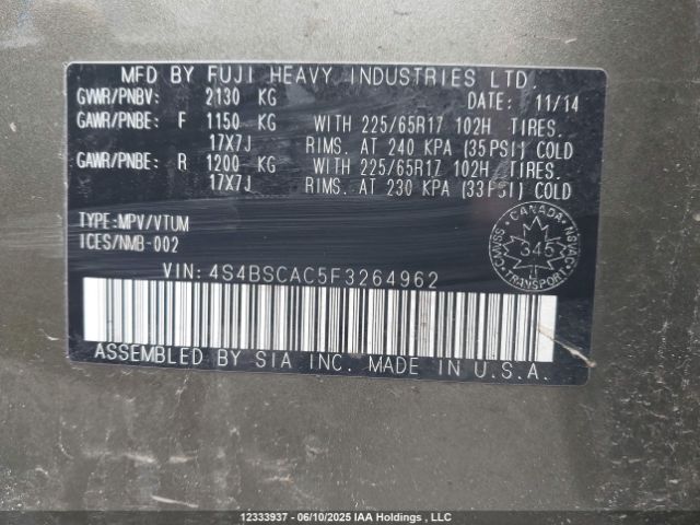 4S4BSCAC5F3264962 Subaru Outback 2.5i