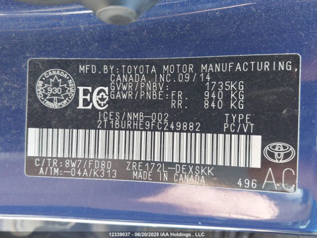 2T1BURHE9FC249882 Toyota 2zr-fe
