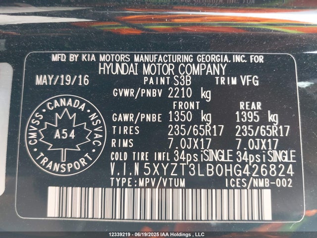5XYZT3LB0HG426824 Hyundai gdi theta ii