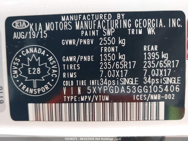 5XYPGDA53GG105406 KIA dohc gdi lambda ii