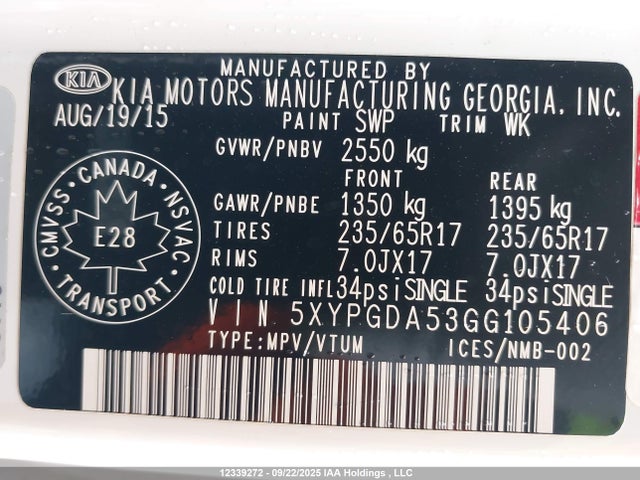 5XYPGDA53GG105406 KIA dohc gdi lambda ii