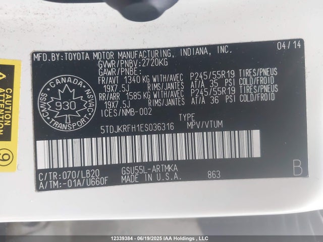 5TDJKRFH1ES036316 Toyota 2gr-fe
