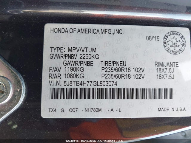 5J8TB4H77GL803074 Acura j35z2