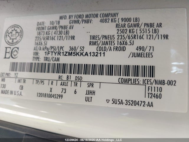 1FTYR1ZM5KKA13211 Ford 2019