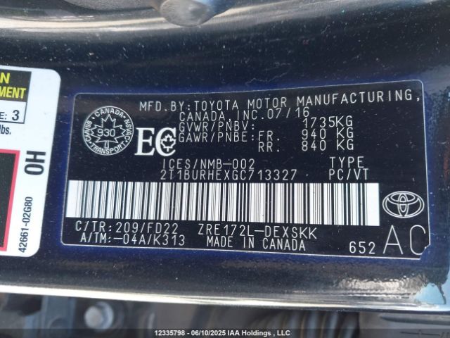 2T1BURHEXGC713327 Toyota Corolla L/le/le Pls/prm/s/s Pls