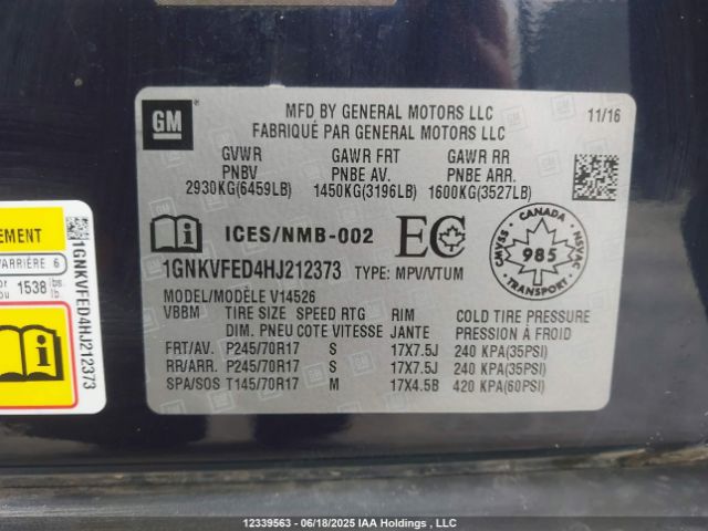 1GNKVFED4HJ212373 Chevrolet llt - sidi: spark ignited direct injection, alum, 60 degrees