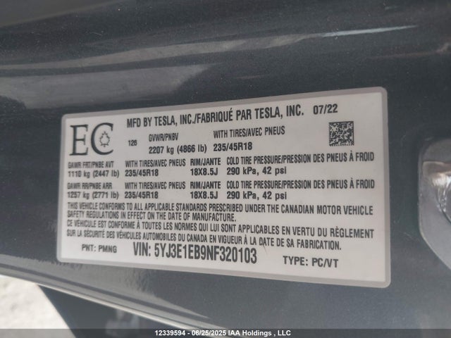 5YJ3E1EB9NF320103 Tesla MODEL 3