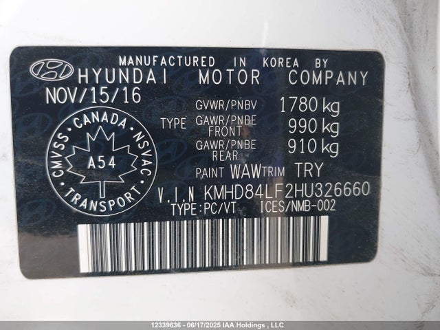 KMHD84LF2HU326660 Hyundai 2017