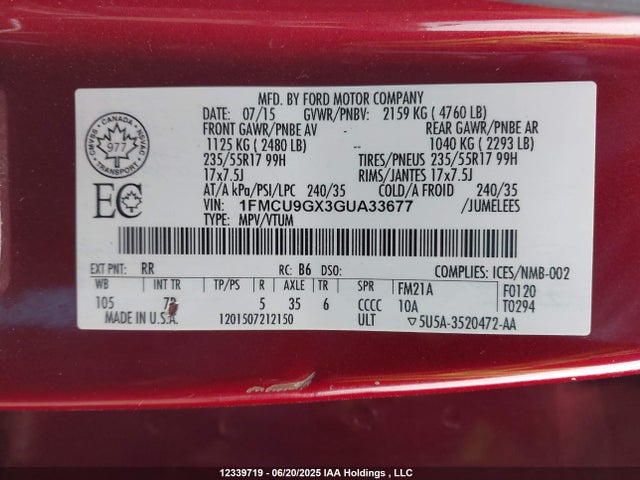 1FMCU9GX3GUA33677 Ford 2016