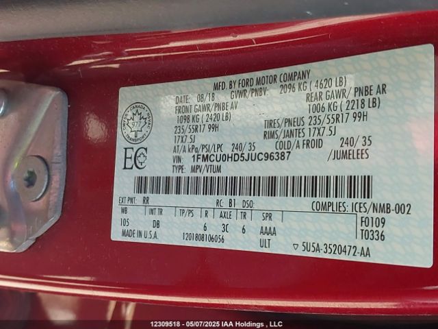 1FMCU0HD5JUC96387 Ford ESCAPE SEL