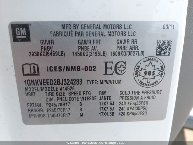 Aukcja sprzedaży 2011 Chevrolet Traverse Ls, vin: 1GNKVEED2BJ324283, numer aukcji: 12339895
