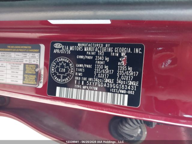 5XYPGDA39GG183431 KIA dohc gdi theta ii