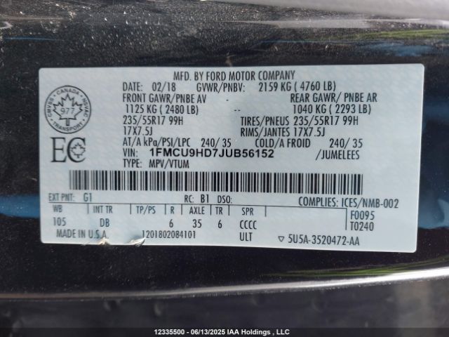 1FMCU9HD7JUB56152 Ford ESCAPE SEL