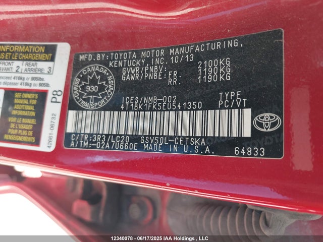 4T1BK1FK5EU541350 Toyota 2gr-fe