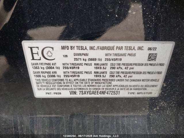 7SAYGAEE4NF472531 Tesla Model Y