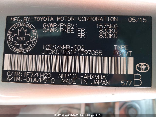 JTDKDTB31F1097055 Toyota 1nz-fxe+1lm