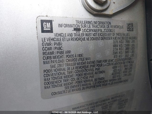 1GCRYAEF5LZ330820 Chevrolet l82 - di, afm, alum, gen 5, var 1