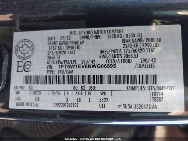 1FT6W1EV8NWG06895 Ford 2022