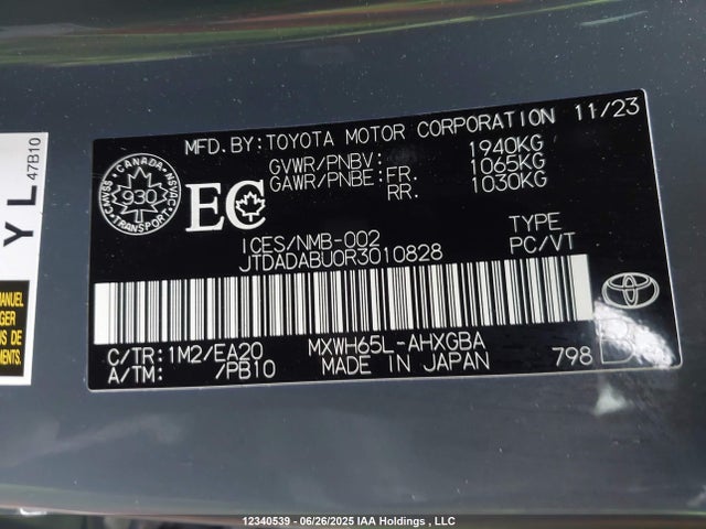 JTDADABU0R3010828 Toyota m20a-fxs