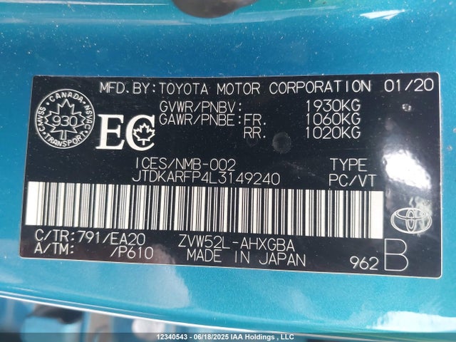 JTDKARFP4L3149240 Toyota 2zr-fxe+1nm+1sm