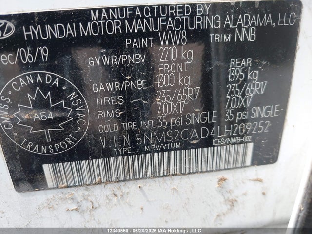5NMS2CAD4LH209252 Hyundai gdi theta ii