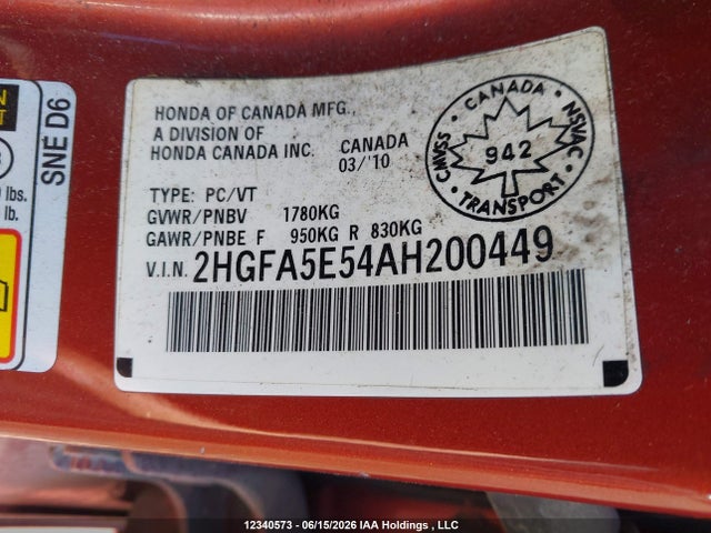 12340573 :رقم المزاد ، 2HGFA5E54AH200449 vin ، 2010 Honda Civic مزاد بيع