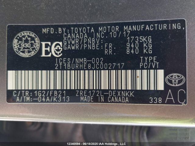 2T1BURHE8JC002717 Toyota 2zr-fe