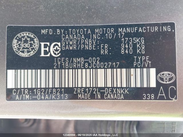 2T1BURHE8JC002717 Toyota 2zr-fe