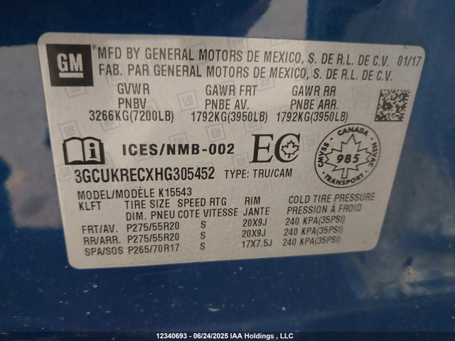 3GCUKRECXHG305452 Chevrolet l83 - sidi: spark ignited direct injection, vvt: variable valve timing, afm, e85 max, alum
