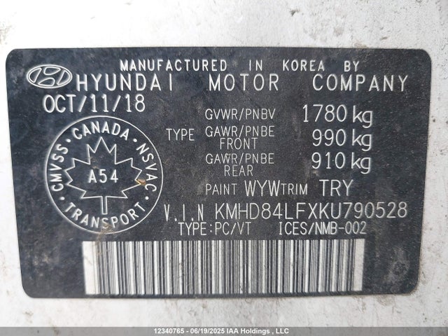 KMHD84LFXKU790528 Hyundai mpi nu