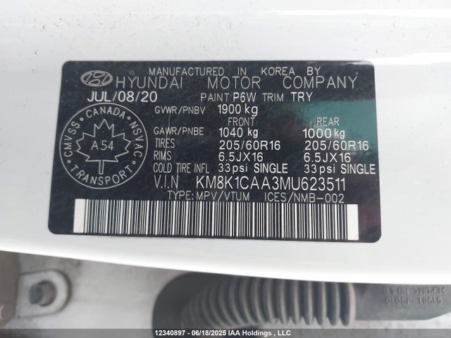 KM8K1CAA3MU623511 Hyundai mpi nu